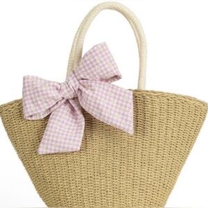 Stoney Clover Lane Straw Tote with Pink Gingham Bow